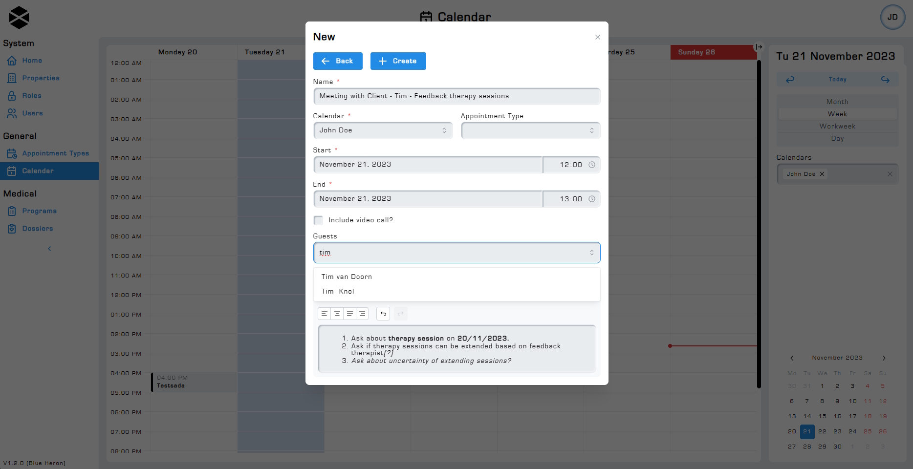 Calendar create appointment search function