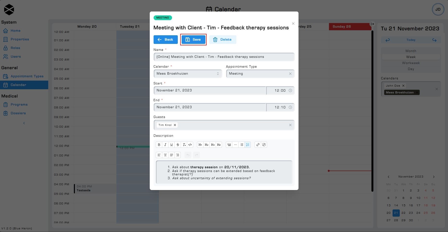 Calendar editing appointments