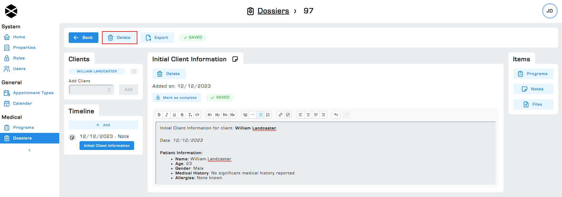 Dossier deleting