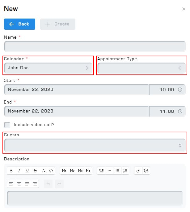 Example of dropdown fields