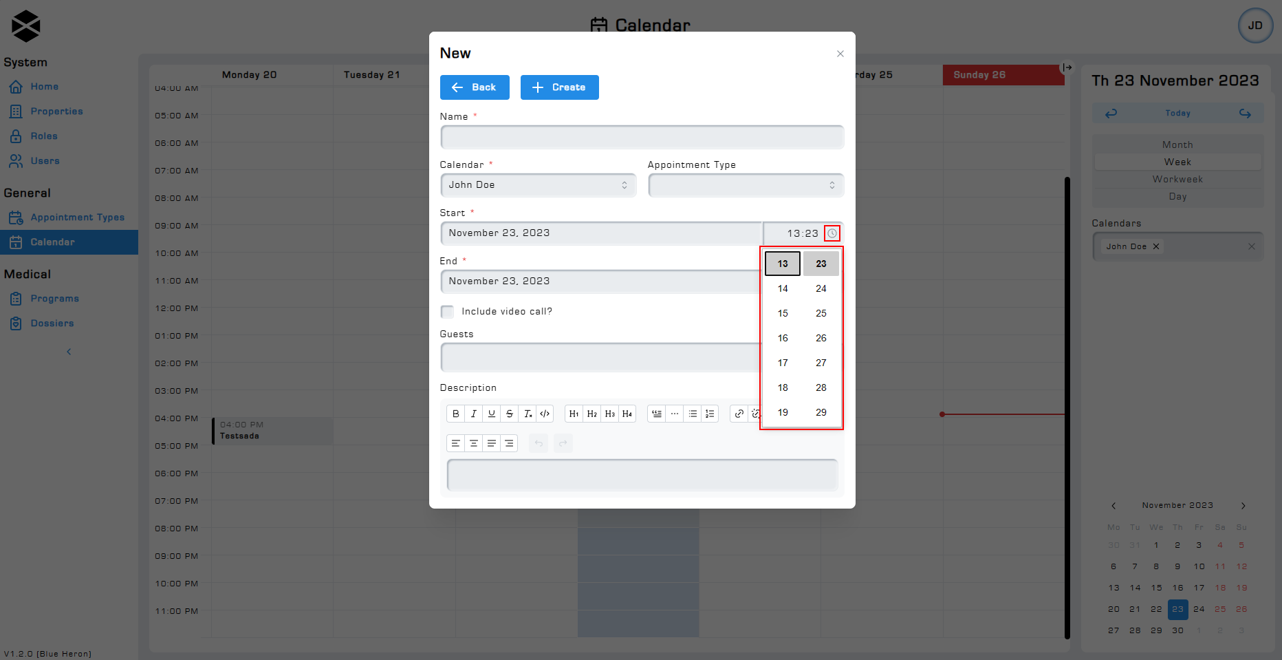 Example of time selector screen